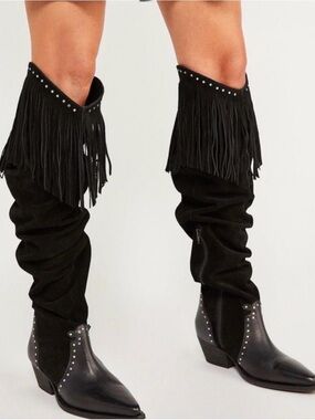 Free People Black Fringe Over-the-Knee Boots with Stud Detail
